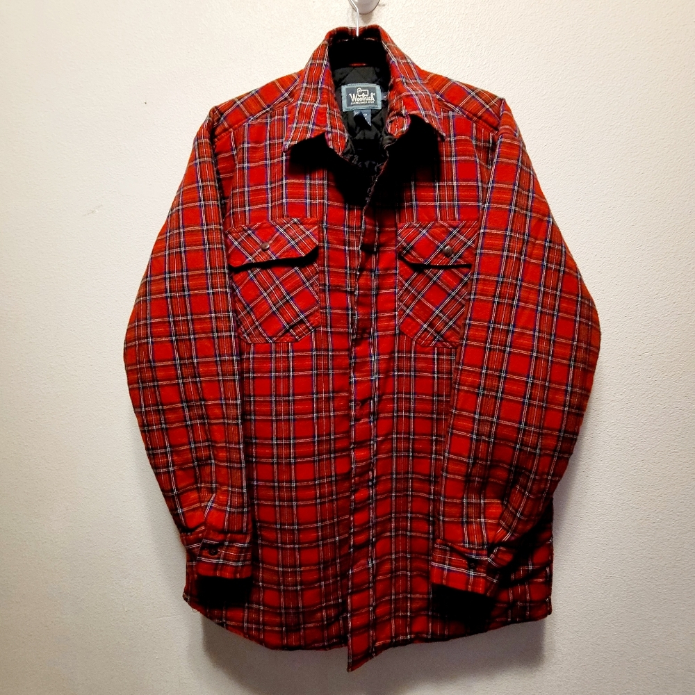 Vintage Woolrich Red Stewart Flannel Tartan Plaid Shirt Jacket w Quilted Lining